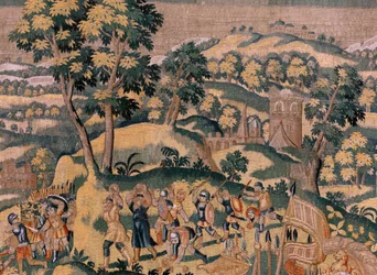 flamsk gobelin. Serien Story of Cyrus. No VI Tomyris beordrer Cyrus hoved til at blive dyppet i et blodkar (Tomiris manda sumergir la cabeza de Ciro en un recipiente lleno de sangre). Anonym, baseret på Michiel Coxcie. Atelier Antwerpen. Silke og woo