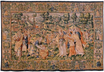 flamsk gobelin. Serien Story of Cyrus. No VI Tomyris beordrer Cyrus hoved til at blive dyppet i et blodkar (Tomiris manda sumergir la cabeza de Ciro en un recipiente lleno de sangre). Anonym, baseret på Michiel Coxcie. Atelier Antwerpen. Silke og woo
