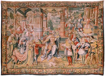 flamsk gobelin. Serien Story of David. David før Saul (David ante Saúl). Model af Bernard van Orley. Fremstilling Bruxelles. Ca1525. Stof Silke og uld. Størrelse 560 x 410 cm. Beliggenhed Burgos katedral. Oprindelse Et legat til katedralen i 1535 af Card