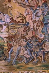 flamsk gobelin. Serie The Apocalypse: Saint Michael besejrer dragen. Atelier Willem Dermoyen, Bruxelles. Ca 1553-1555. Detalje.