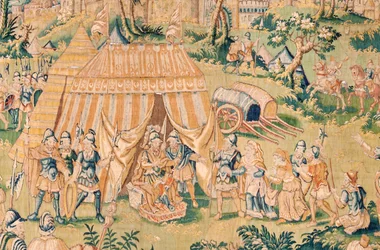 flamsk gobelin. Serien Judiths bog. Judith før Holofernes (Judith ante Holofernes). Femte gobelin i serien. Fremstilling Holland, Bruxelles(?). Anden halvdel af 1500-tallet. Stof Uld. Placering Saint Nicholas of Bari Kirke (mus