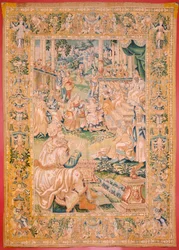flamsk gobelin. Serien Judiths bog. Vend tilbage til Bethulia (Regreso a Betulia). Ottende gobelin i serien. Fremstilling Holland, Bruxelles(?). Anden halvdel af 1500-tallet. Stof Uld. Placering Church of Saint Nicholas of Bari (museet åbnet