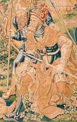 flamsk gobelin. Serien Judiths bog. Halshugningen af Holofernes (La decapitación de Holofernes). Syvende gobelin i serien. Fremstilling Holland, Bruxelles(?). Anden halvdel af 1500-tallet. Stof Uld. Beliggenhed Sankt Nikolaus kirke