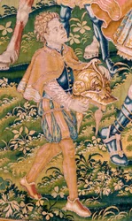 flamsk gobelin. Serien Judiths bog. Krig kommer til Juda (Llega la guerra a Judá). Fjerde gobelin i serien. Fremstilling Holland, Bruxelles(?). Anden halvdel af 1500-tallet. Stof Uld. Placering Saint Nicholas of Bari-kirken (museum o