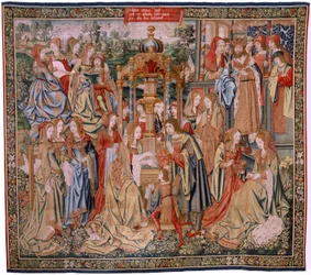 flamsk gobelin. Serien Davids og Batsebas historie. Bathseba ved hendes bad (Betsabé en el baño sorprendida por David). Seriens første panel. Anonym model. Fremstilling ukendt, Bruxelles