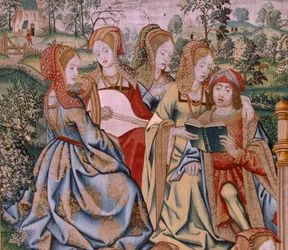 flamsk gobelin. Serien Davids og Batsebas historie. Bathseba ved hendes bad (Betsabé en el baño sorprendida por David). Seriens første panel. Anonym model. Fremstilling ukendt, Bruxelles