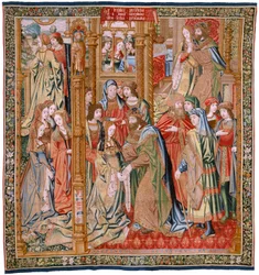 flamsk gobelin. Serien Davids og Batsebas historie. Ægteskab mellem David og Bathsheba (Casamiento de David y Betsabé). Andet panel i serien. Anonym model. Fremstilling ukendt, Bruxelles. 1505. Stof Guld, silke og uld.