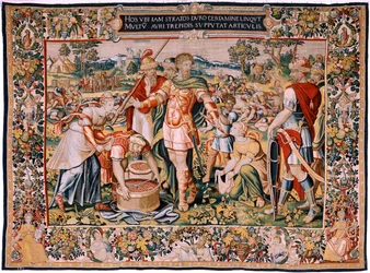 flamsk gobelin. Serien Hannibals historie. Plyndring af Cannae (El botín de Cannas). Fjerde gobelin af de bevarede. Modeller Anonym mester i Holland. Fremstille Bruxelles’ værksteder. Ca 1570. Stof Uld og silke, 6,5/7 kædegarn pr. cm