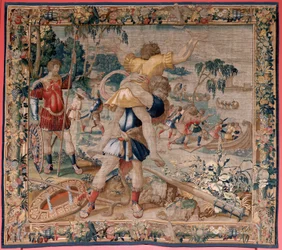 flamsk gobelin. Serien The Labours of Hercules. Hercules og Antaeus (Hércules y Anteo). Fjerde gobelin i den eksisterende serie. ; Model ukendt. Fremstilling Willem Dermoyen, Bruxelles. Ca 1528. Stof Silke og uld. Størrelse 362 x 403 cm. Beliggenhed Royal 