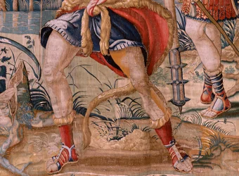 flamsk gobelin. Serien The Labours of Hercules. Hercules og Stymphalian-fuglene (Hércules y las aves del lago Estínfalo). Første gobelin i den eksisterende serie. Model ukendt. Fremstilling Willem Dermoyen, Bruxelles. Ca 1528. Stof Silke og uld. ; Størrels
