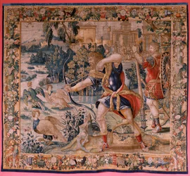 flamsk gobelin. Serien The Labours of Hercules. Hercules og Stymphalian-fuglene (Hércules y las aves del lago Estínfalo). Første gobelin i den eksisterende serie. Model ukendt. Fremstilling Willem Dermoyen, Bruxelles. Ca 1528. Stof Silke og uld. ; Størrels
