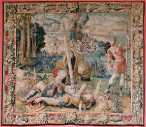 flamsk gobelin. Serien The Labours of Hercules. Hercules kæmper mod Minotaurus. Hercules kæmper mod Minotaurus). Andet gobelin i den eksisterende serie. Model Ukendt. Fremstilling Willem Dermoyen, Bruxelles. Omkring 1528.