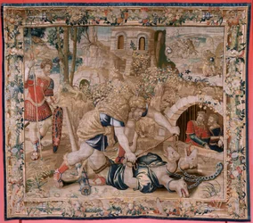 flamsk gobelin. Serien The Labours of Hercules. Hercules fanger Cerberus (Hércules captura a Cancerbero). Sjette gobelin i den eksisterende serie. Model ukendt. Fremstilling Willem Dermoyen, Bruxelles. Ca1528. Stof Silke og uld. Størrelse 345 x 390 cm. Loc