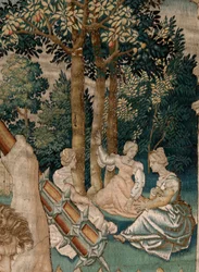 flamsk gobelin. Serien The Labours of Hercules. Herkules i Hesperidernes Have (Hércules en el jardín de las Hespérides). Femte gobelin i den eksisterende serie. Model ukendt. Fremstilling Willem Dermoyen, Bruxelles. Ca 1528. Stof Silke og uld.