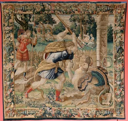 flamsk gobelin. Serien The Labours of Hercules. Herkules i Hesperidernes Have (Hércules en el jardín de las Hespérides). Femte gobelin i den eksisterende serie. Model ukendt. Fremstilling Willem Dermoyen, Bruxelles. Ca 1528. Stof Silke og uld.