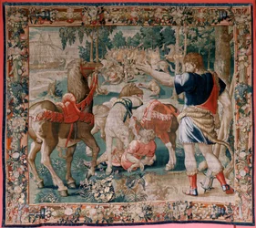 flamsk gobelin. Serien The Labours of Hercules. Diomedes Heste (Los caballos de Diomedes). Tredje gobelin i den eksisterende serie. Model ukendt. Fremstilling Willem Dermoyen, Bruxelles. Ca1528. Stof Silke og uld. Størrelse 350 x 400 cm. Beliggenhed kgl