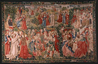 flamsk gobelin. Serien Lignelsen om arbejderne i vingården. Kaldet til arbejderne (La llamada a los trabajadores). Første gobelin i serien. Fremstilling Bruxelles, Pieter van Aelsts værksteder(?). Ca 1500. Stof Silke og uld, 6 kæder pe