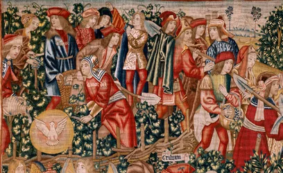 flamsk gobelin. Serien Lignelsen om arbejderne i vingården. Betalingen af denaren (El pago del denario). Andet gobelin i serien. Fremstilling Bruxelles, Pieter van Aelsts værksteder (?). Ca 1500. Stof Silke og uld, 6 kædegarn pr. cm.