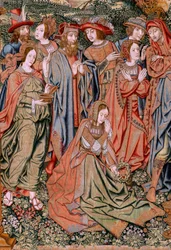 flamsk gobelin. Serien The Passion of Christ. Nedstigningen fra korset (Descendimiento). Den anden billedtæppeserie af Kristi Passion, der tilhører Patrimonio Nacional. Modeltegnere fra Jan van Roomes kreds. Fremstilling Pieter va