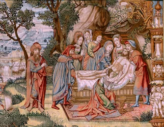 flamsk gobelin. Serien The Passion of Christ. Nedstigningen fra korset (Descendimiento). Den anden billedtæppeserie af Kristi Passion, der tilhører Patrimonio Nacional. Modeltegnere fra Jan van Roomes kreds. Fremstilling Pieter va