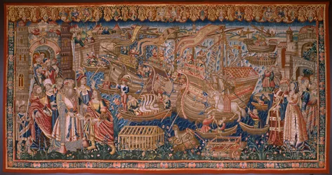 flamsk gobelin. Serie Portugiserne i Indien: Ankomsten til Calicut (Fra Aankomst i Calicut, Llegado de Vasco de Gama til Lissabon). Ca 1510. Caixa Geral de Depósitos Samling, Lissabon.