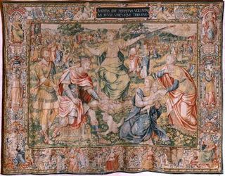 flamsk gobelin. Serie De syv dyder. Retfærdighed (La Justicia). Model baseret på Michiel Coxcie. Fremstilling Bruxelles. Fremstillet af Frans Geubels. Ca 1560-1570. Stof Silke og uld. Størrelse 330 x 450 cm. Beliggenhed Burgos katedral. Oprindelse Et legat