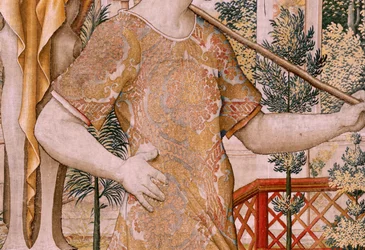 flamsk gobelin. Serien Vertumnus og Pomona. No II Vertumnus omdannet til en bonde (Vertumno y Pomona II Vertumno transformado en agricultor) no1 venstre del. Models Circle af Pieter Coecke Van Aelst og Léonard Thiry. Atelier ukendt, Bruxelles. Guld,