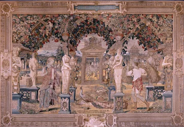 flamsk gobelin. Serien Vertumnus og Pomona. Vertumnus omdannet til en høstmaskine (Vertumno transformado en segador). Første gobelin i serien. Model Circle af Pieter Coeck van Aelst. ; Fremstilling Wilhelm Pannemaker, Bruxelles. Ca 1545-1550. Stof