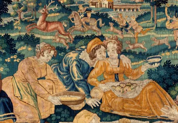 flamsk gobelin. Landmåltidet. Atelier af Oudenaarde. 331x465 cm. Iinv (83073)-8 / 00008. 1600-tallet.