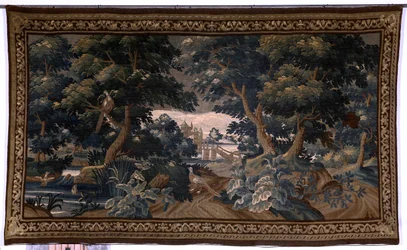flamsk gobelin. udholde. kærlighedsscene. Oudenaarde. Slut 17.-begyndelsen af ​​1700-tallet. Ejendom af kirken Sint-Walburgakerk Oudenaarde (Dekenij van de Sint-Walburga). Detalje