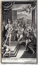 Jupiter sender to ørne: en sut forklarer dette vidunderbarn. Lustration til bog II af Odyssee af Homere, i Odyssee, udgivet i Amsterdam i 1731, Collection privee Milan.