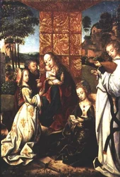 Madonna og barn med St. Catherine, en engel og andre figurer