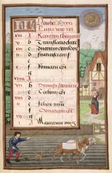Ms 1058-1975 f10r Pløjning med to heste, oplyst kalenderside for oktober, fra en timebog, ca. 1500