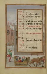 Ms 1058-1975 f1v Street Scene in the Snow, oplyst kalenderside for januar, fra a Book of Hours, ca. 1500