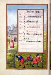 Ms 1058-1975 f2v Skæring af træer og binding af træer, fra en timebog, ca. 1500