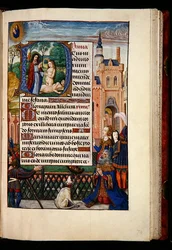 Ms 1058-1975, f.74r: Kong David beder til Jomfruen og Barnet og en historisk initial D, der skildrer skabelsen af Eva, fra en Timebog, Brugge, ca. 1510 (guldblæk & tempera på pergament)