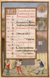 Ms 1058-1975 f8r Threshing Corn in the Lad, oplyst kalenderside for august, fra a Book of Hours, ca.1500
