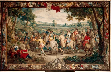 Palads (Schlossanlage Schleißheim). flamsk gobelin. Bruxelles atelier Judocus De Vos. Design Lambert De Hondt. Marchen (La Marche). 400x640 cm. Uld og silke. Omkring 1715 - 1724.