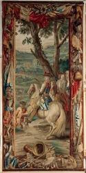Slottet (Schlossanlage Schleissheim). flamsk gobelin. Bruxelles studie Judocus De Vos. Design Lambert De Hondt. Maximilian II Emanuel (Maximilian Emmanuel og to infanterister). 400x175 cm. Uld og silke. Ca 1715 - 1724.