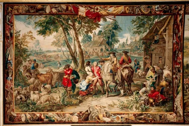 Palads (Schlossanlage Schleißheim). flamsk gobelin. Bruxelles atelier Judocus De Vos. Design Lambert De Hondt. Plyndring (pilering). 400x595 cm. Uld og silke. Omkring 1715 - 1724.