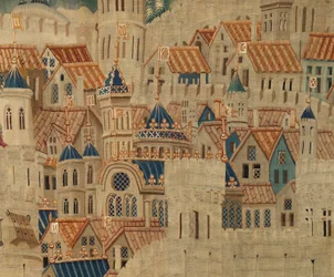 Sognemuseum for gobeliner (Parish Museum of Pastrana Tapestries). flamsk gobelin. Erobring af Tanger (overtagelse af Tanger, De inname van Tanger). Serie Erobringer af kong Alfonso I af Portugal. Tournai. Uld og silke