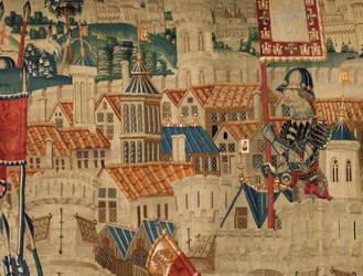 Sognemuseum for gobeliner (Parish Museum of Pastrana Tapestries). flamsk gobelin. Erobring af Tanger (overtagelse af Tanger, De inname van Tanger). Serie Erobringer af kong Alfonso I af Portugal. Tournai. Uld og silke