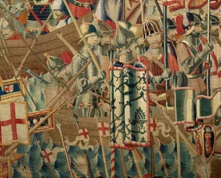 Sogns museum for gobeliner (Pastrana Parish Museum of Tapestries). flamsk gobelin. Landingen ved Arzila (Landingen ved Arzila, Desembarco og Arzila). Serie Conquests of King Alfonso I of Portugal (Conquests of King Alfonso V of Portugal). Turnering. Uld