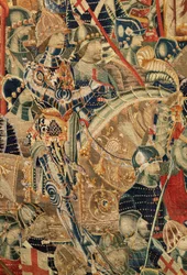 Sognemuseum for gobeliner (Parish Museum of Pastrana Tapestries). flamsk gobelin. Omringning af Asilah (Belejringen af ​​Asilah, De omsingeling van Arzila). Serie Erobringer af kong Alfonso I af Portugal. Tournai.