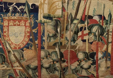 Sogns museum for gobeliner (Pastrana Parish Museum of Tapestries). flamsk gobelin. Landingen ved Arzila (Landingen ved Arzila, Desembarco og Arzila). Serie Conquests of King Alfonso I of Portugal (Conquests of King Alfonso V of Portugal). Turnering. Uld
