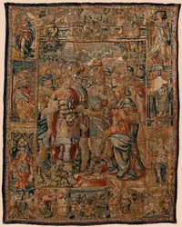 Sognemuseum for gobeliner (Museo Parroquial de Tapices de Pastrana). flamsk gobelin. Den unge Alexander til sin far Filip (El joven Alejandro ante su padre Filipo). Bruxelles. 16. århundrede. 328x407 cm.