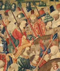 Sognemuseum for gobeliner (Parish Museum of Pastrana Tapestries). flamsk gobelin. Erobring af Tanger (overtagelse af Tanger, De inname van Tanger). Serie Erobringer af kong Alfonso I af Portugal. Tournai. Detalje. Uld