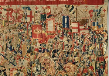 Sognemuseum for gobeliner (Parish Museum of Pastrana Tapestries). flamsk gobelin. Tag af Asilah (Take of Asilah, Assault on Asilah, De inname van Arzila). Serie Erobringer af kong Alfonso I af Portugal. Tournai.