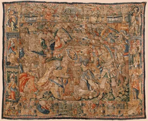 Sogns museum for gobeliner (Pastrana Parish Museum of Tapestries). flamsk gobelin. Kamp mellem Alexander og Darius og Ipso (Slaget mellem Alexander og Darius ved Ipso). Bruxelles. Uld og silke. 16. århundrede. 510x419 cm.