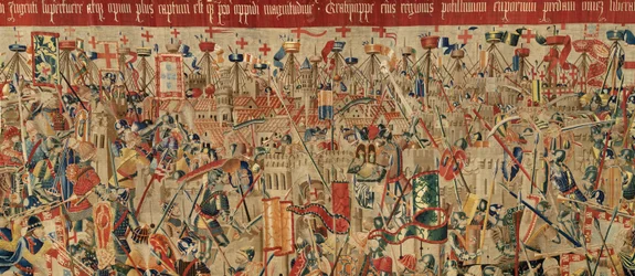 Sognemuseum for gobeliner (Parish Museum of Pastrana Tapestries). flamsk gobelin. Tag af Asilah (Take of Asilah, Assault on Asilah, De inname van Arzila). Serie Erobringer af kong Alfonso I af Portugal. Tournai.